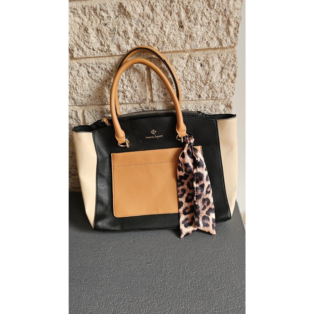 2-Nanette Lepore Bags 1-Crossbody 1-Satchel Tan Black Cream w/ Leopard Feature - Picture 5 of 11